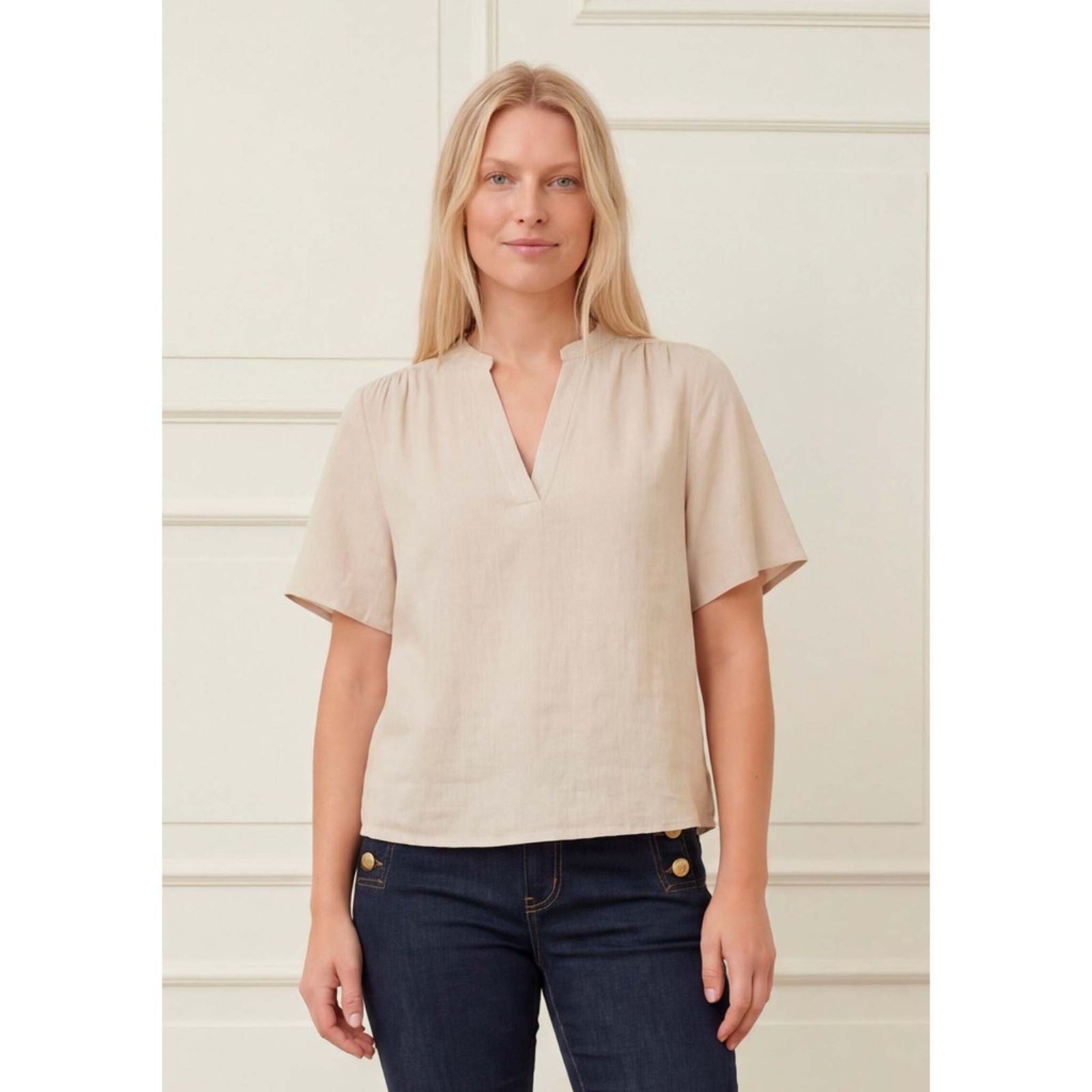 Beige korte mouw linnen blouse Pearl - Capuchon Fashion