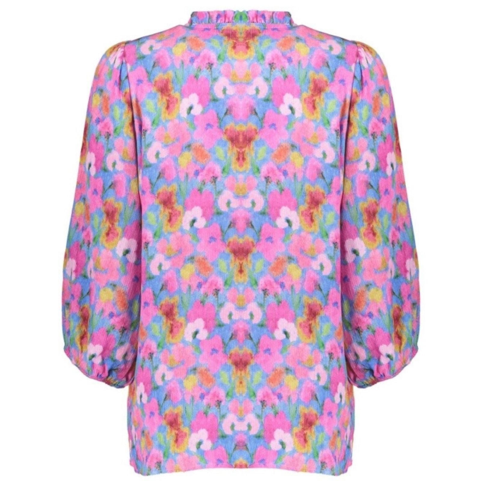 Blauw met roze geprinte blouse 63203 - Capuchon Fashion