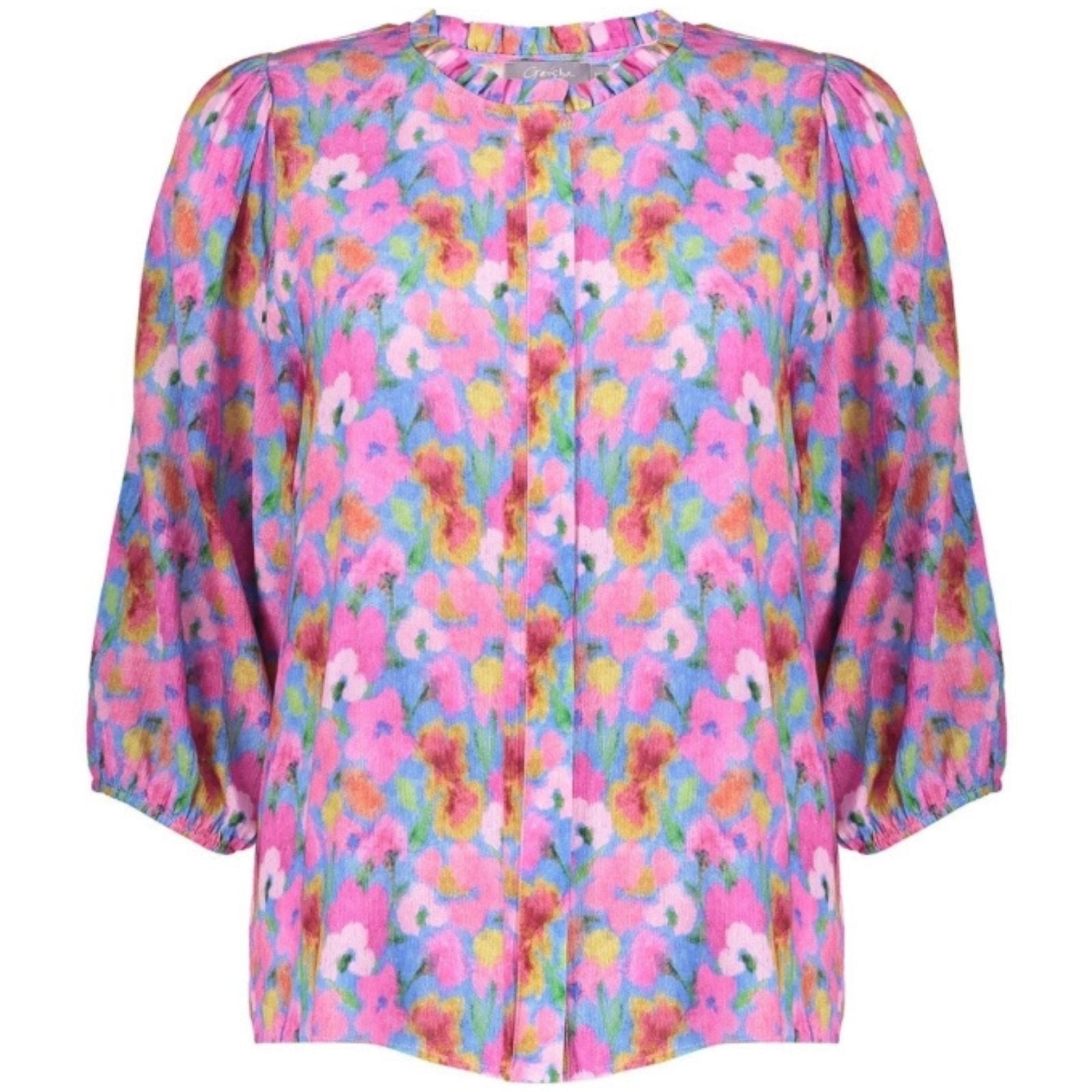 Blauw met roze geprinte blouse 63203 - Capuchon Fashion