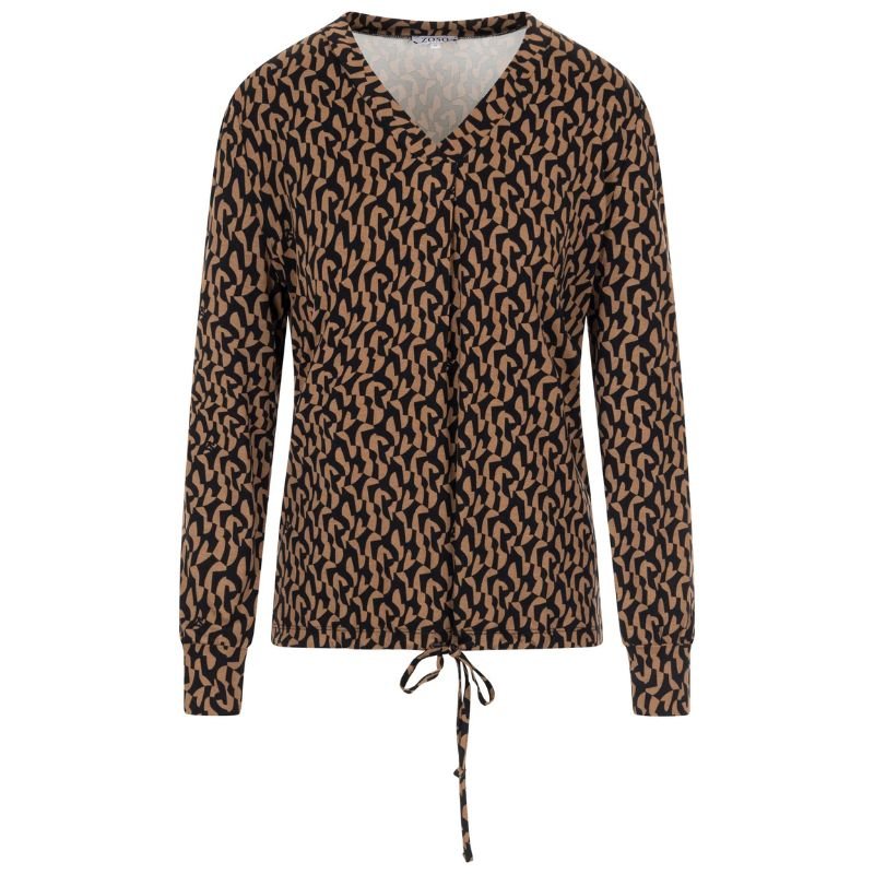 Camelbruin met zwart geprinte blouse Cindy - Capuchon Fashion