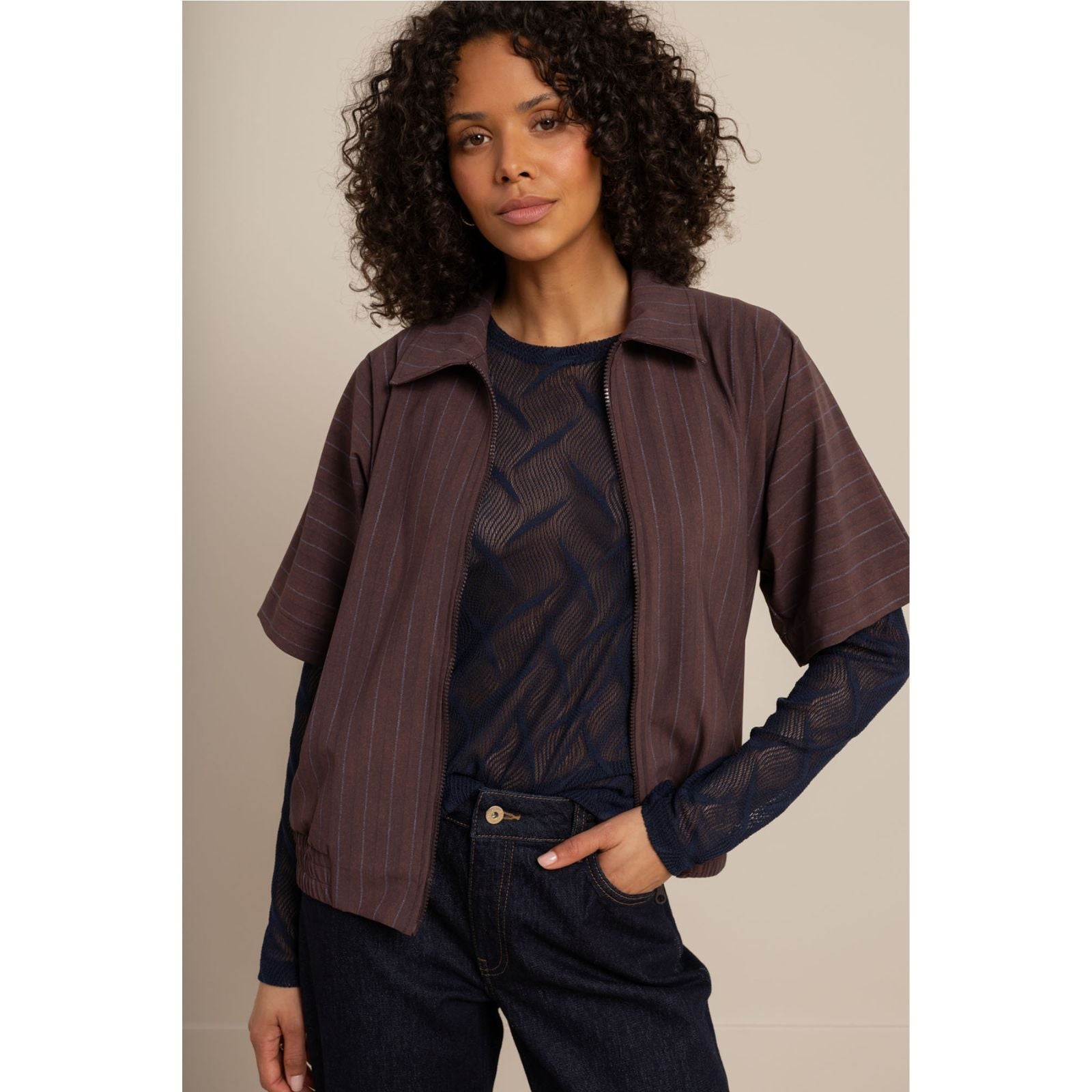 Chestnut met espresso jacket Marcella Stripe - Capuchon Fashion