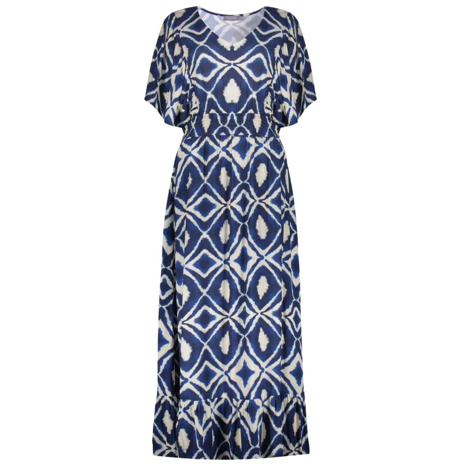 Ecru met donkerblauw geprinte jurk 67116 - Capuchon Fashion