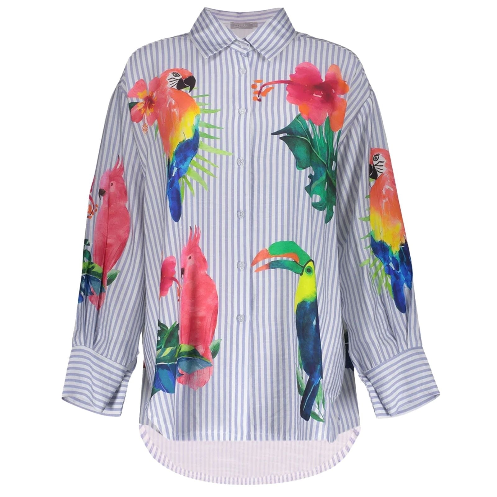 Lichtblauwe stripes met bird blouse 63162 - Capuchon Fashion