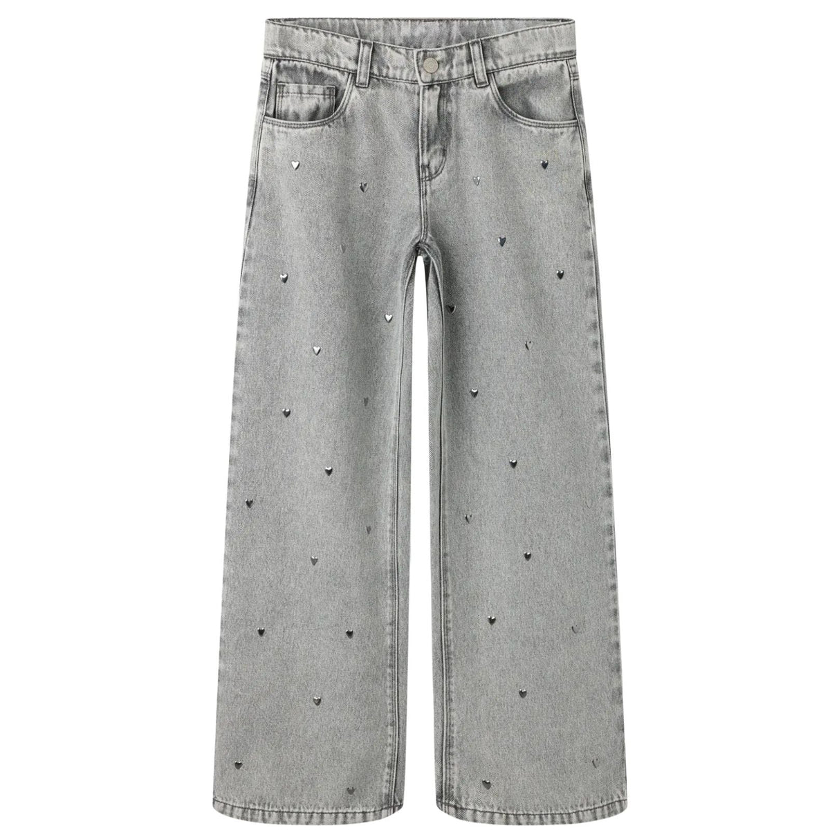 Light Grey Denim wide fit jeans Rose Heart Studs - Capuchon Fashion