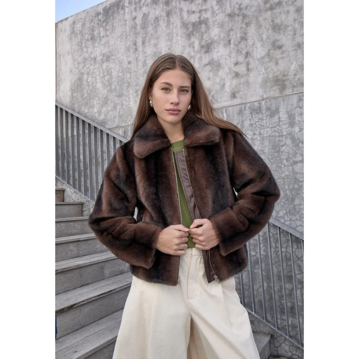 Chicory Coffee faux fur jacket Panoma