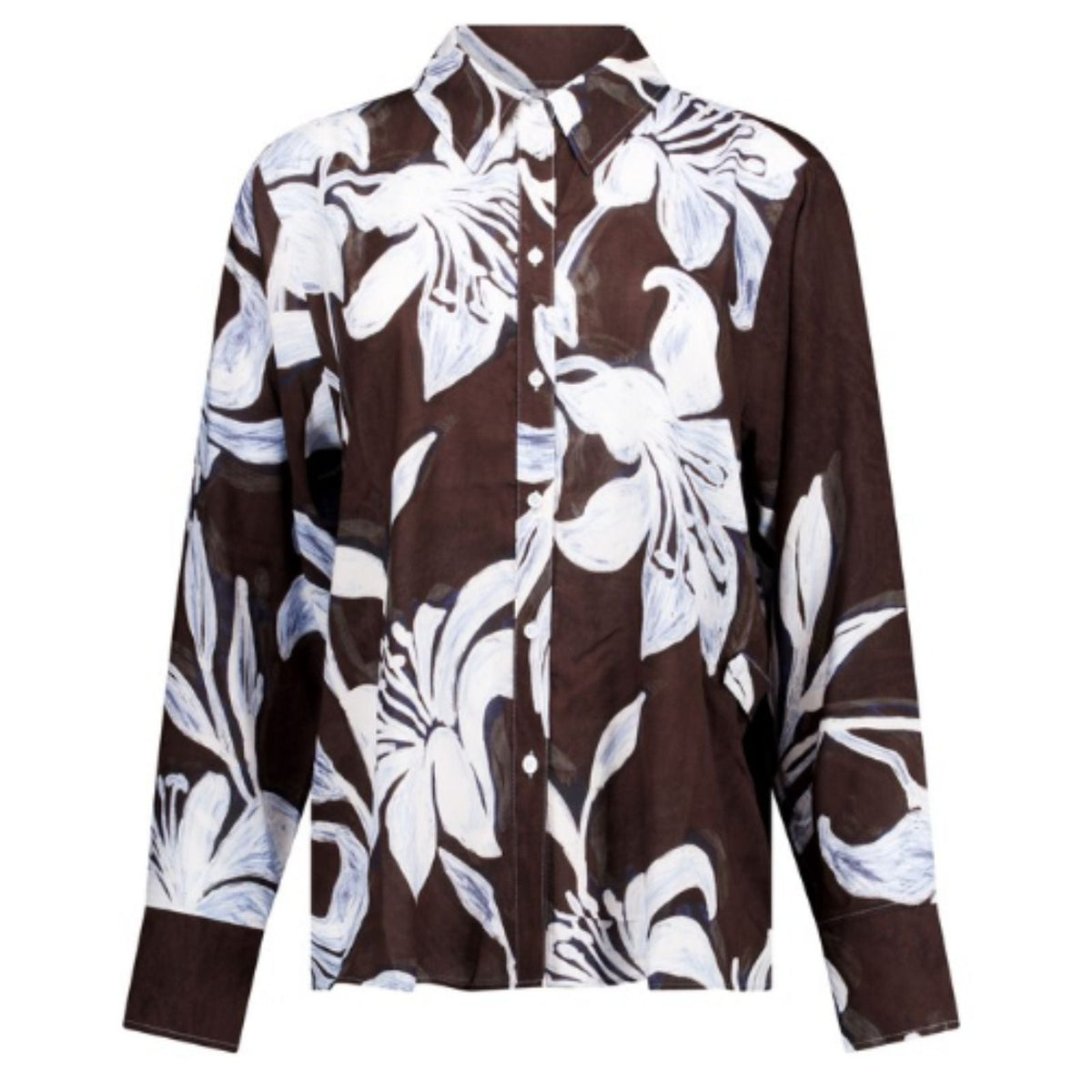 Sky blue met espresso blouse Aylin Satin Flower - Capuchon Fashion
