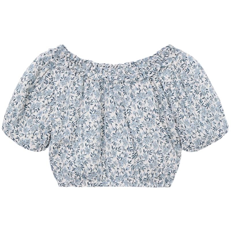 Skyblauw geprinte dobby top 3026 - Capuchon Fashion
