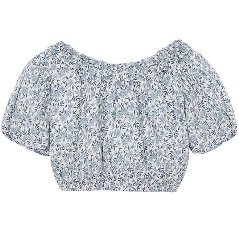 Skyblauw geprinte dobby top 3026 - Capuchon Fashion