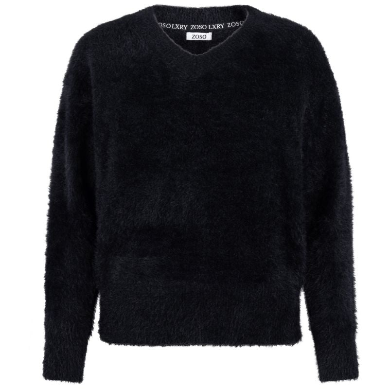 Zwarte fluffy v-hals sweater Kim - Capuchon Fashion