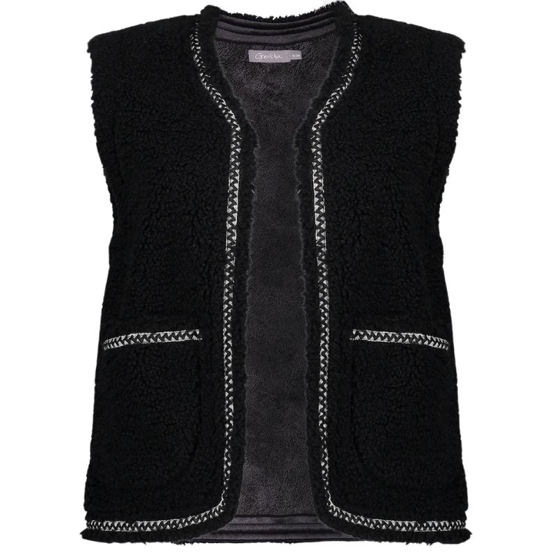 Zwarte teddy gilet met bies 55541 - Capuchon Fashion