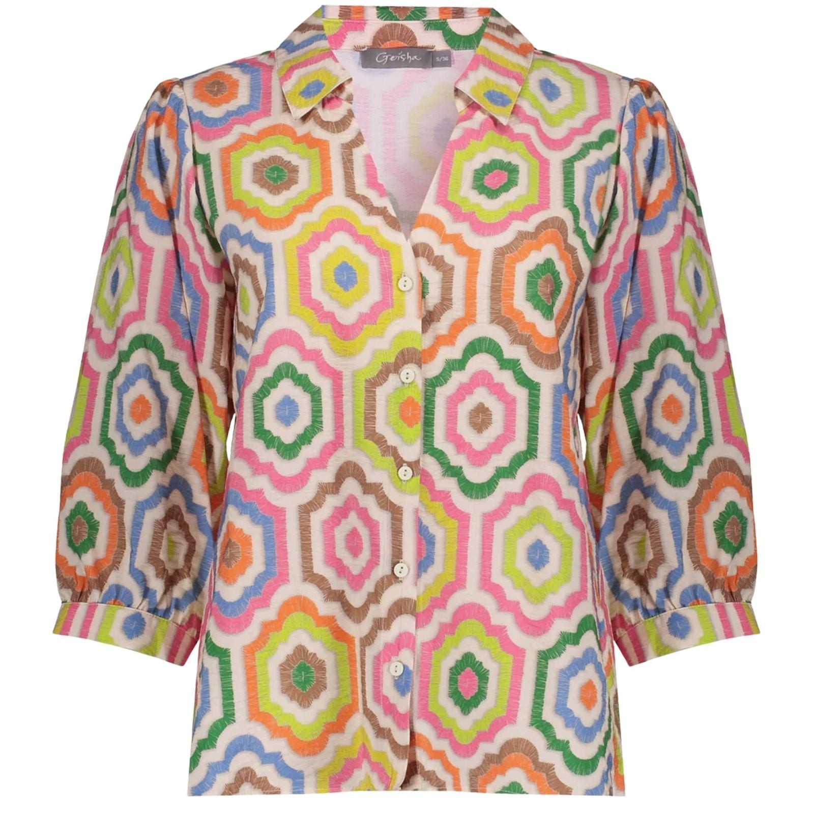 Beige met multicolor geprinte blouse 63280 - Capuchon Fashion