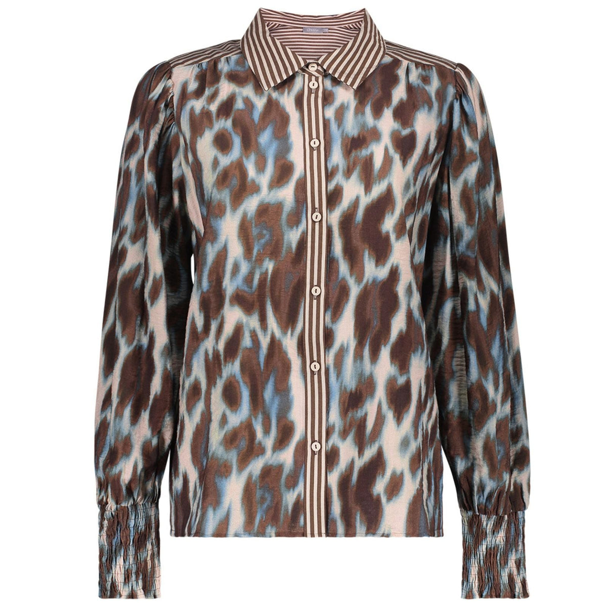 Blauw met bruin geprinte blouse 63713 - Capuchon Fashion