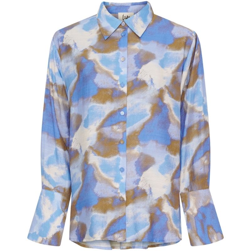 Blauw met camel geprint shirt Ane - Capuchon Fashion