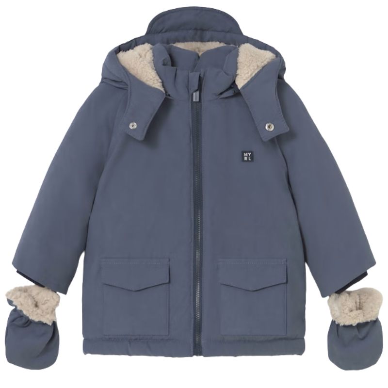 Blauwe parka coat met handschoenen - Capuchon Fashion