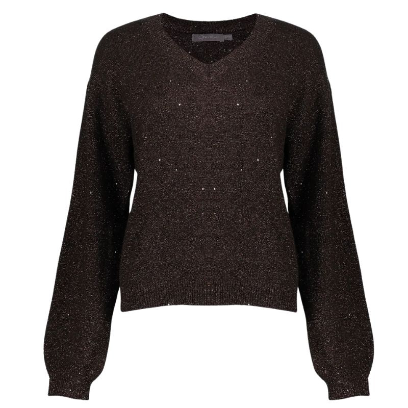 Bruine lurex v - hals pullover 54542 - Capuchon Fashion