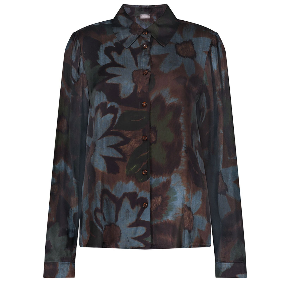 Donkerblauw allover geprinte blouse 63880 - Capuchon Fashion