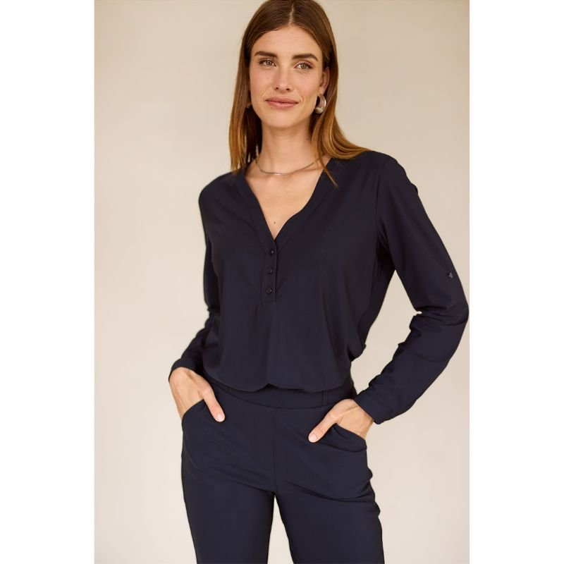 Donkerblauwe v-hals blouse Evi - Capuchon Fashion