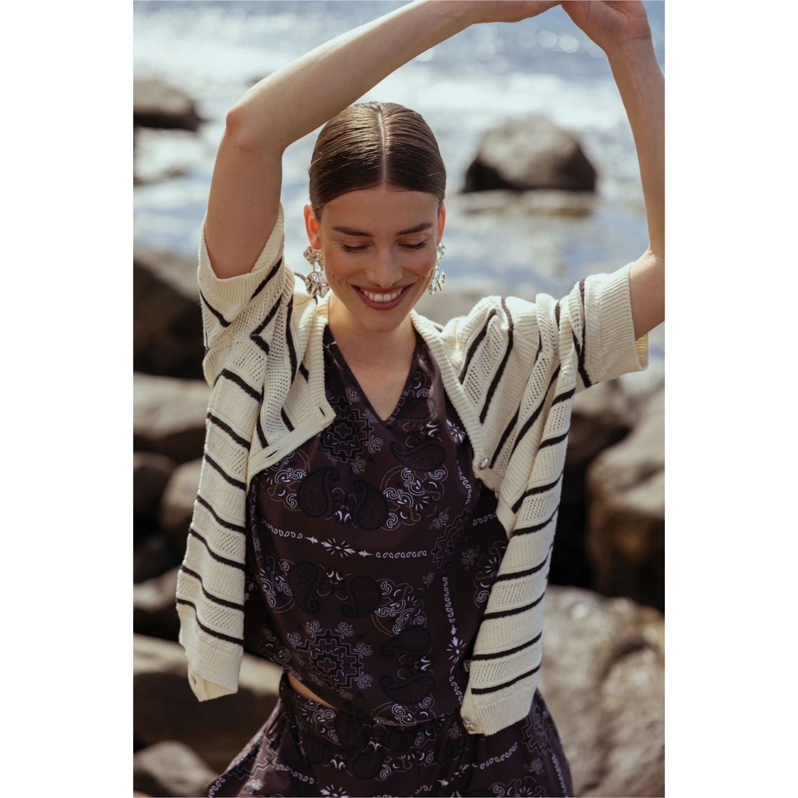 Ecru gestreept vest Yara stripe - Capuchon Fashion