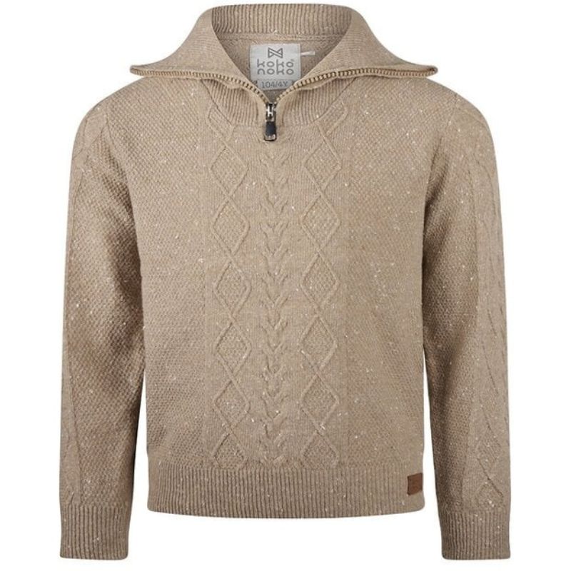 Gebreide taupe sweater met rits O56857 - Capuchon Fashion