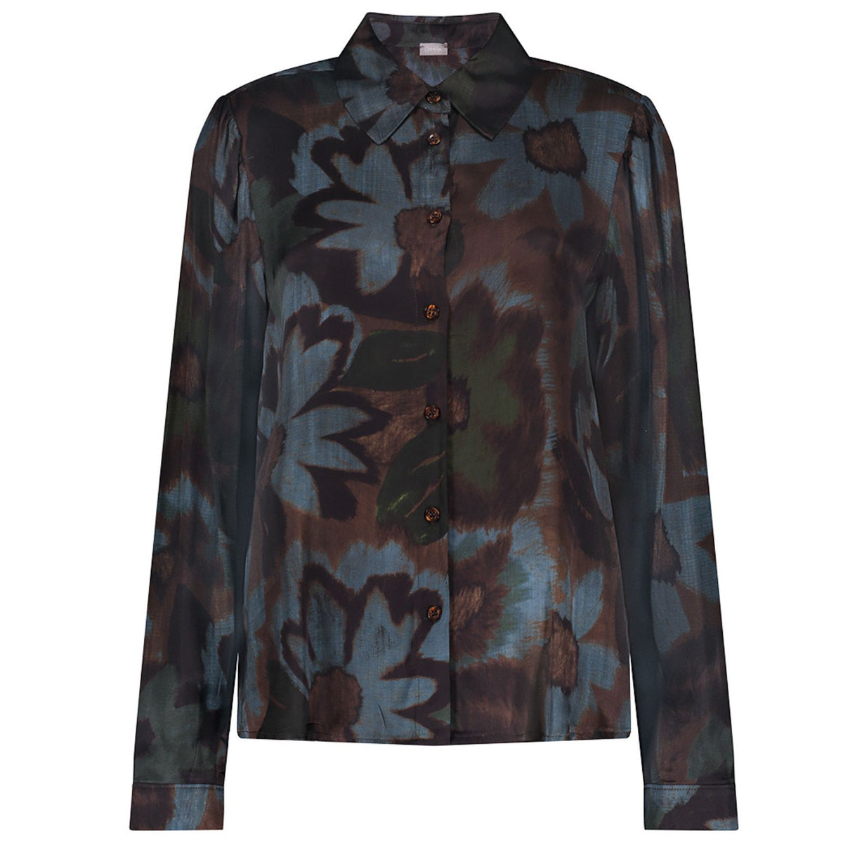 Donkerblauw allover geprinte blouse 63880
