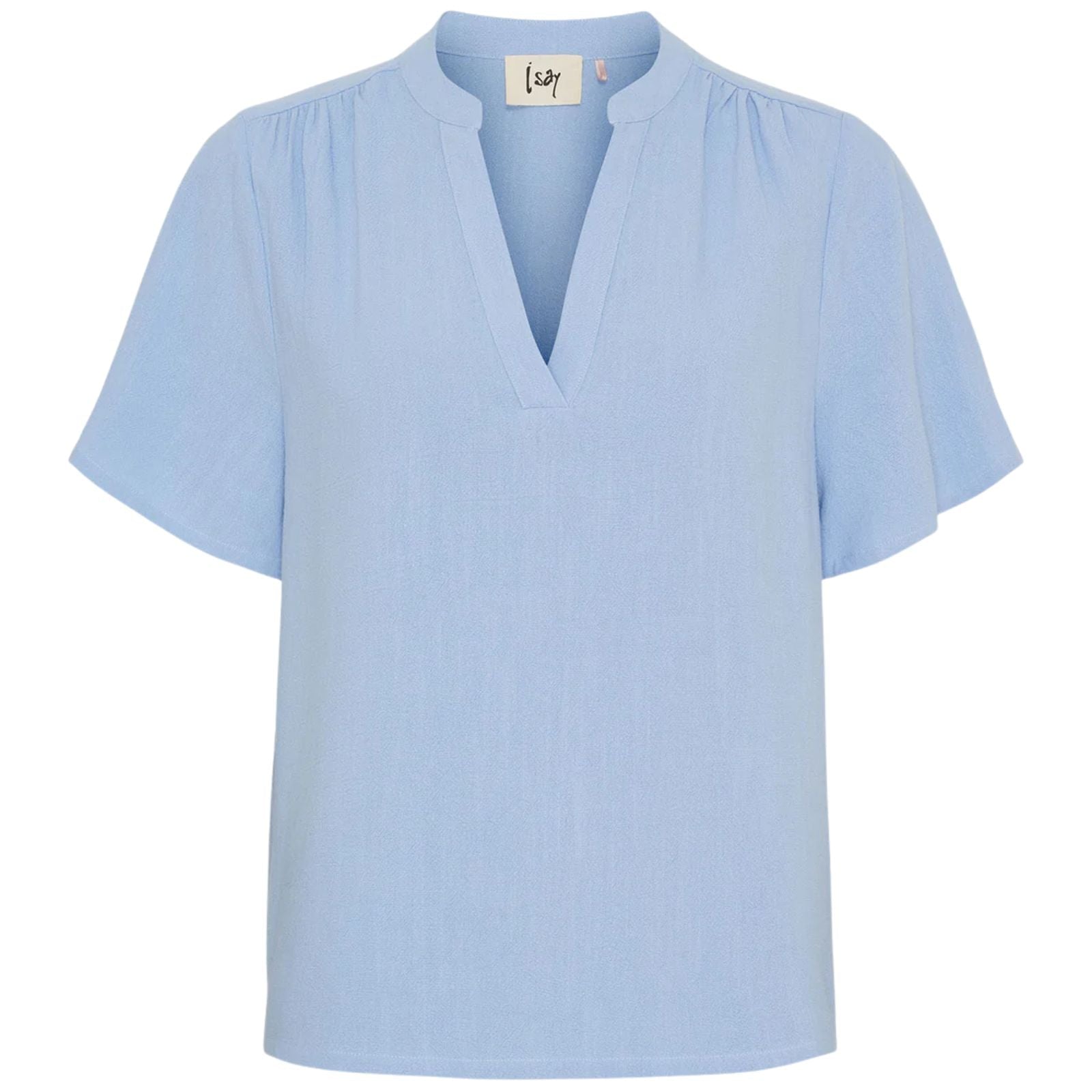Lichtblauwe korte mouw linnen blouse Pearl - Capuchon Fashion
