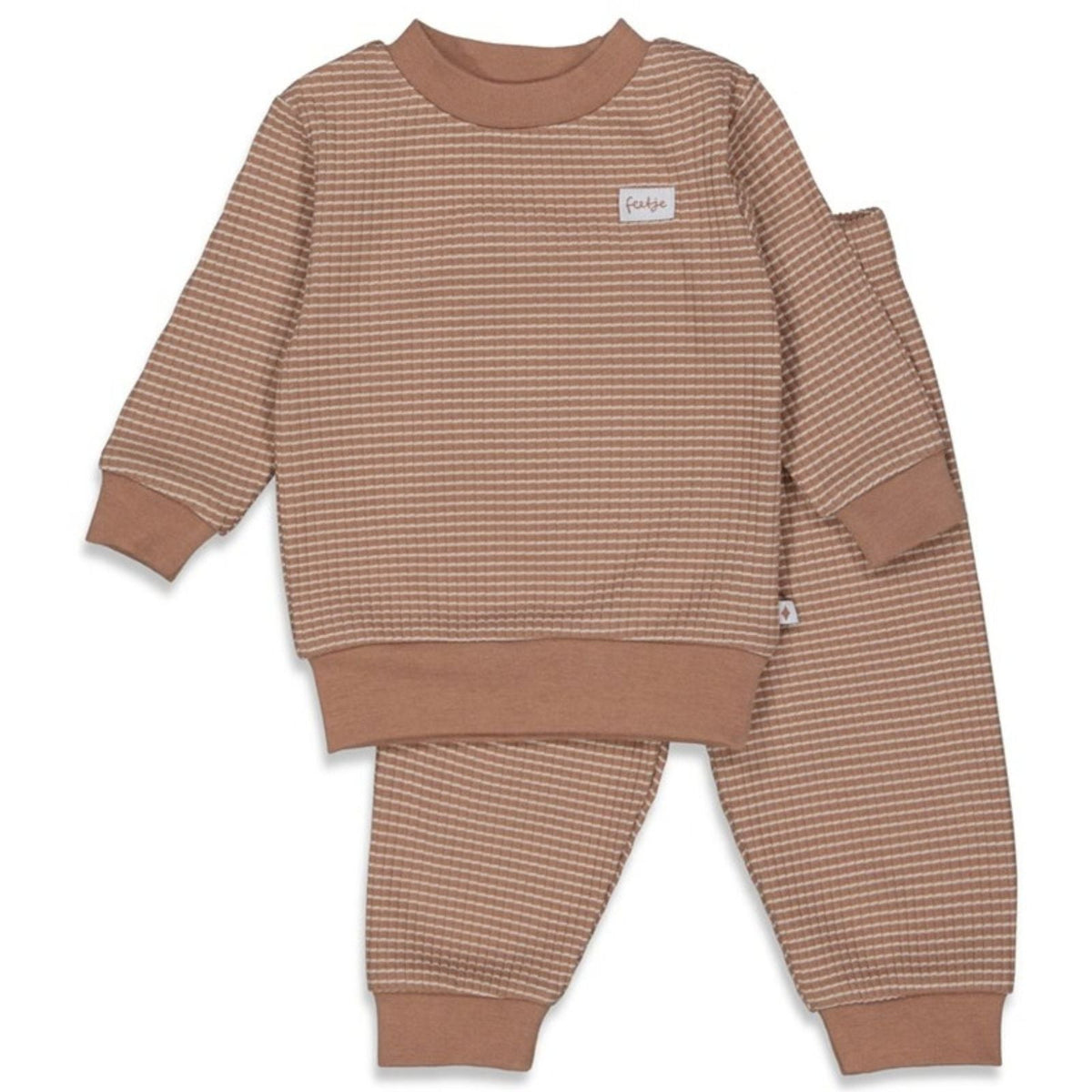 Lichtbruin gestreepte wafel pyjama - Capuchon Fashion