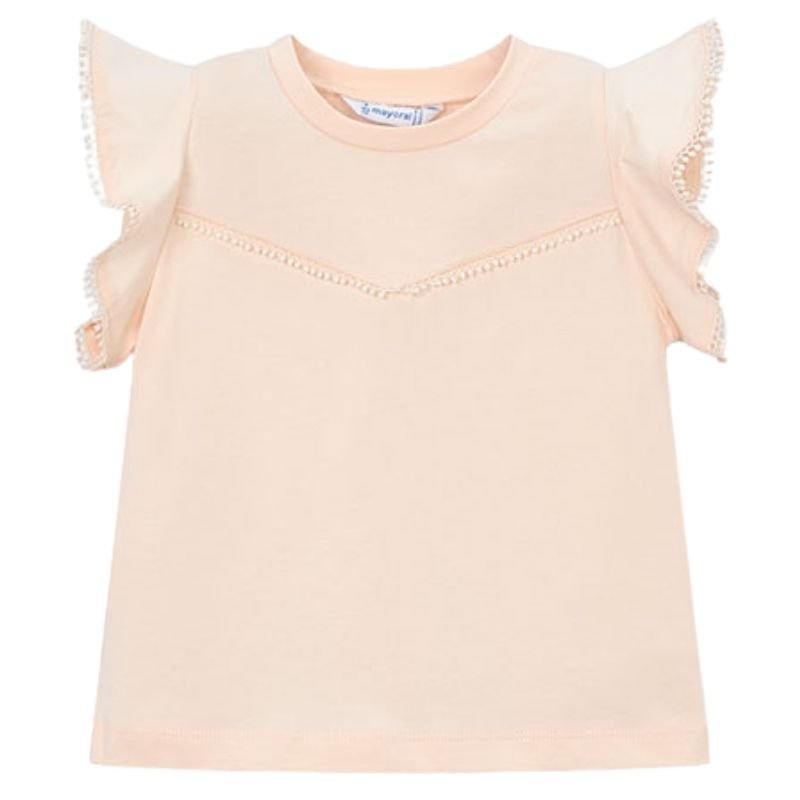 Lichtroze korte mouw t-shirt met kant 3008 - Capuchon Fashion