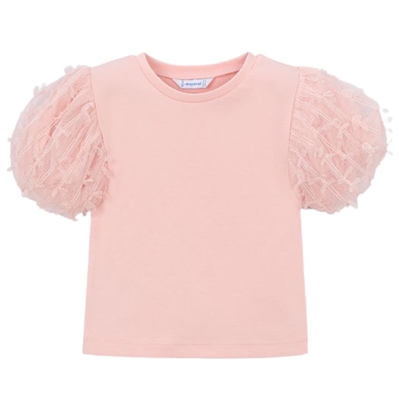 Lichtroze korte mouw tulle t-shirt 3001 - Capuchon Fashion