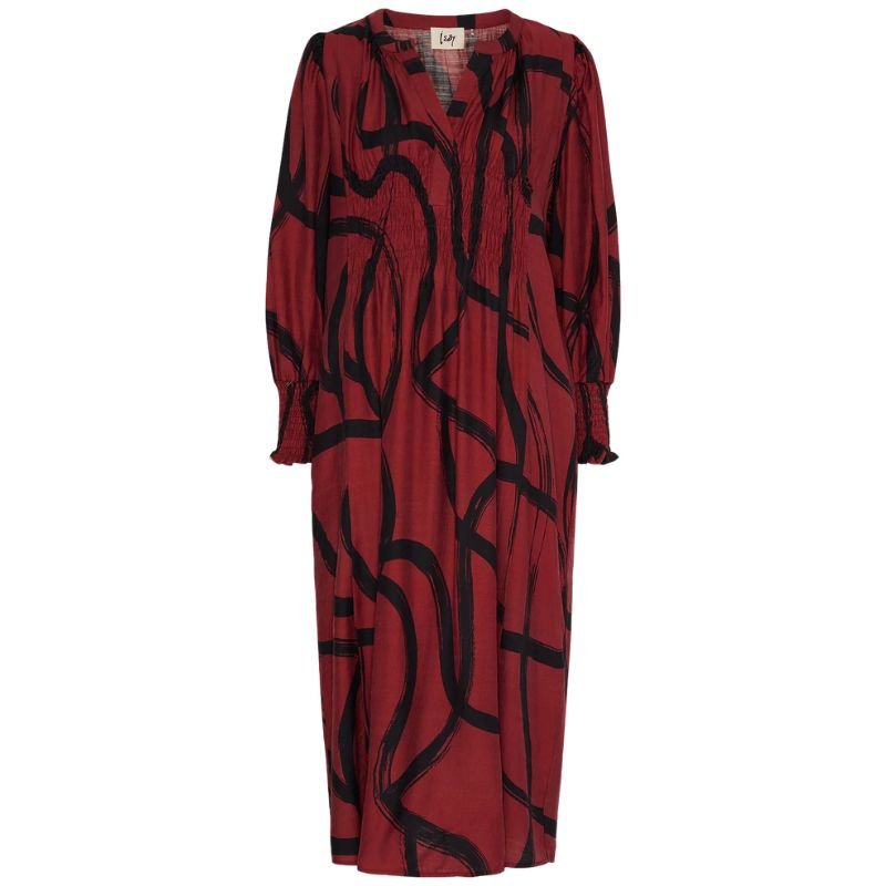 Rood geprinte smock v-neck lange jurk Ane - Capuchon Fashion