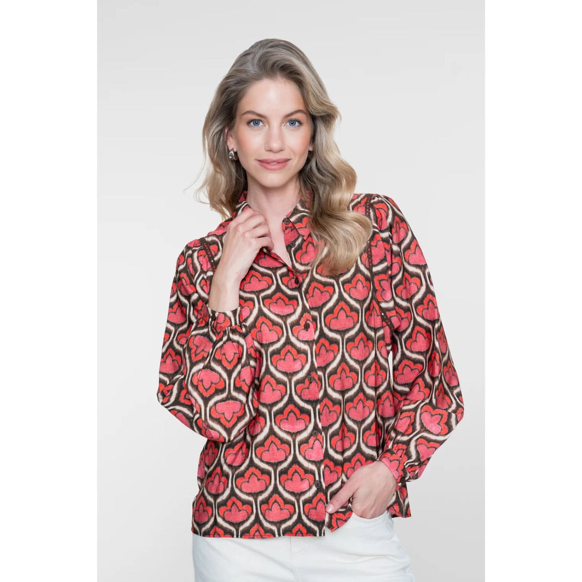 Rood met bruin geprinte blouse 63641 - Capuchon Fashion