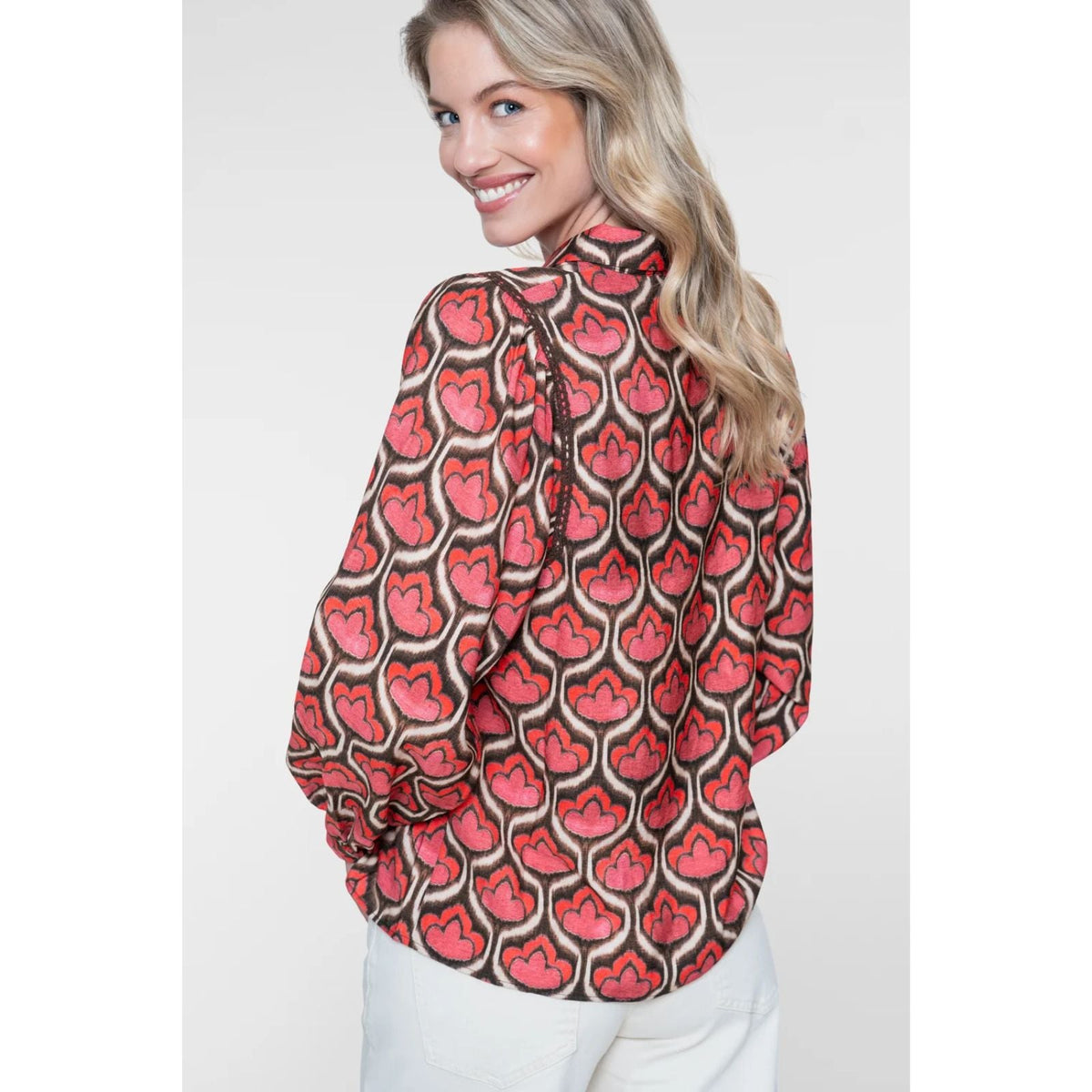 Rood met bruin geprinte blouse 63641 - Capuchon Fashion
