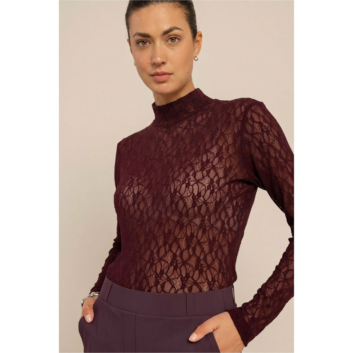 Aubergine kanten col top Reagan Lace