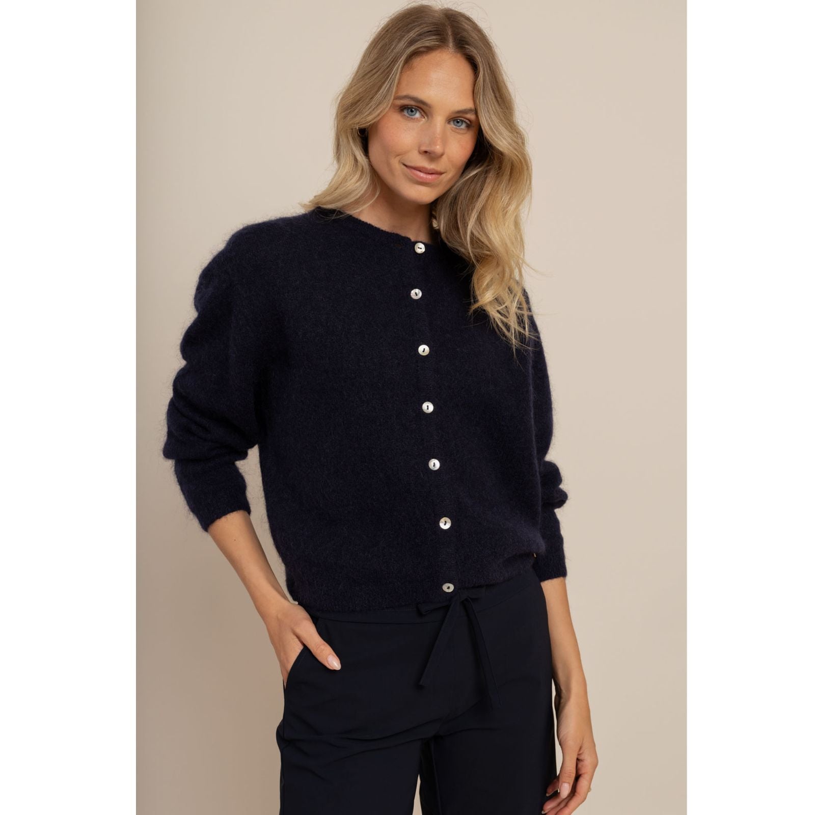 Donkerblauwe mohair knit cardigan Bibi