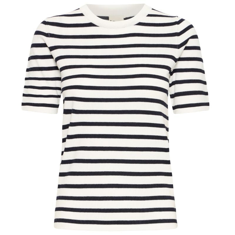 Wit gestreepte knitted o - neck ss top Luls - Capuchon Fashion