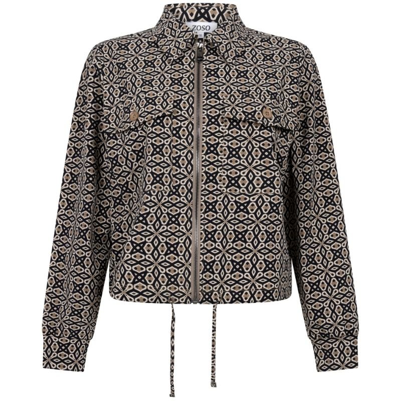 Zwart met bruin geprinte travel jacket Ursela - Capuchon Fashion