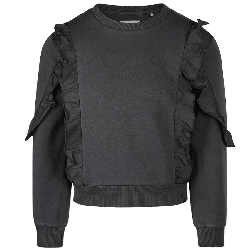 Zwarte crewneck ruffle sweater O56934 - Capuchon Fashion