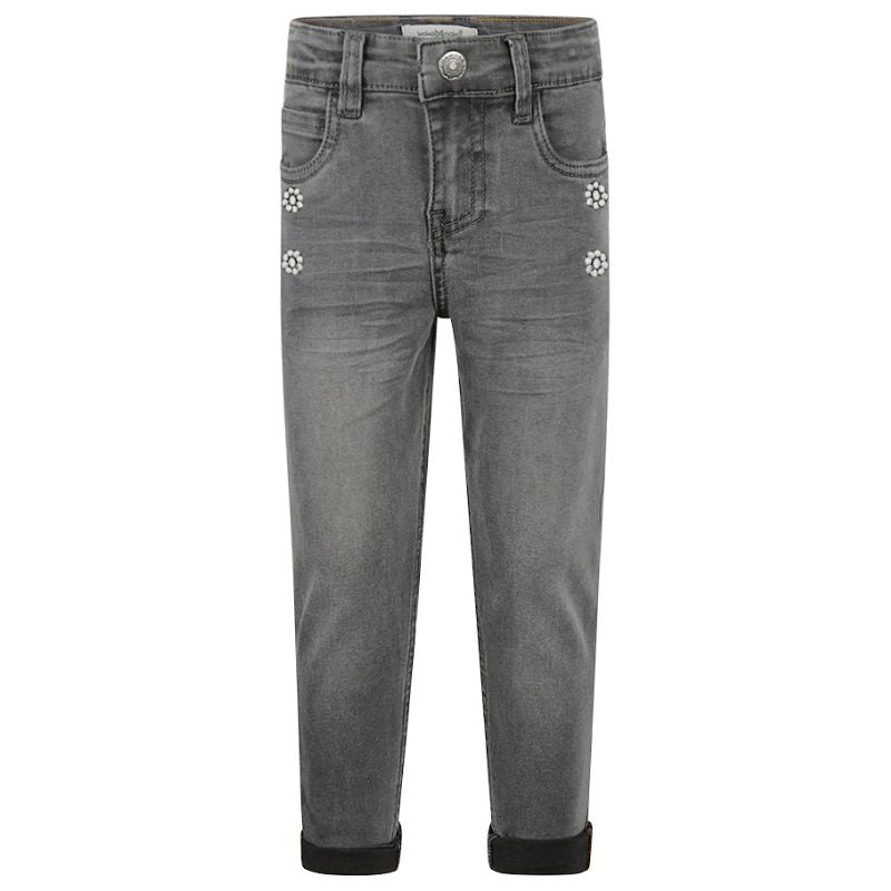 Zwarte loose fit jeans met geborduurde bloem O56954 - Capuchon Fashion